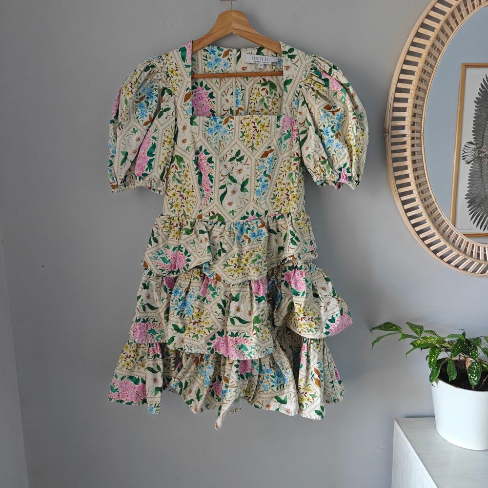 Hunter Bell Porter Floral Tile Puff Sleeve Tiered Mini Dress Cotton Size 8